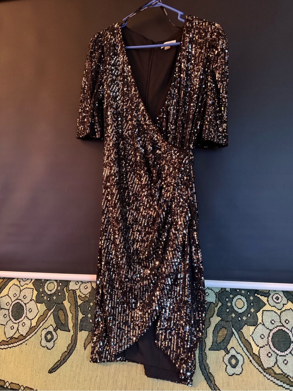 Vintage Calvin Klein Black Sequin Wrap-Style Evening Dress